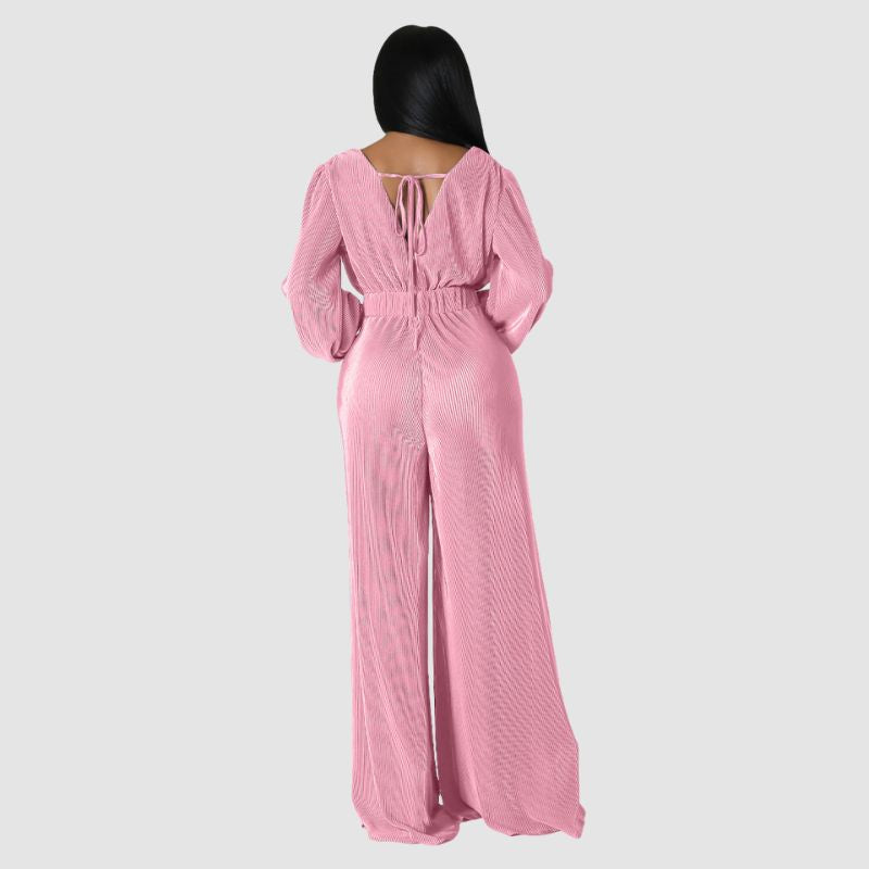 Pleated Long Sleeve Jumpsuits Rose / S