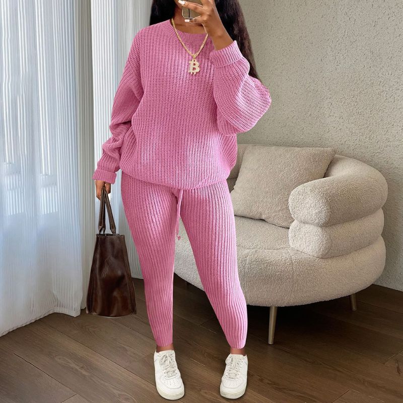 Solid Color Knit Pullover & Pants Set Khaki / L