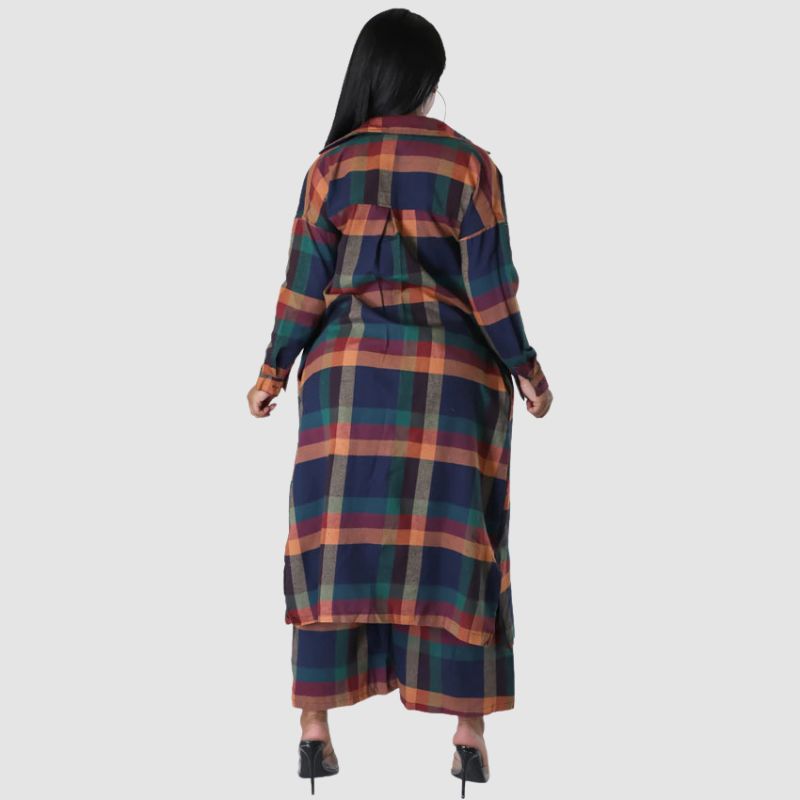 Plaid Shirts Wide Leg Pant Set Blue / XL