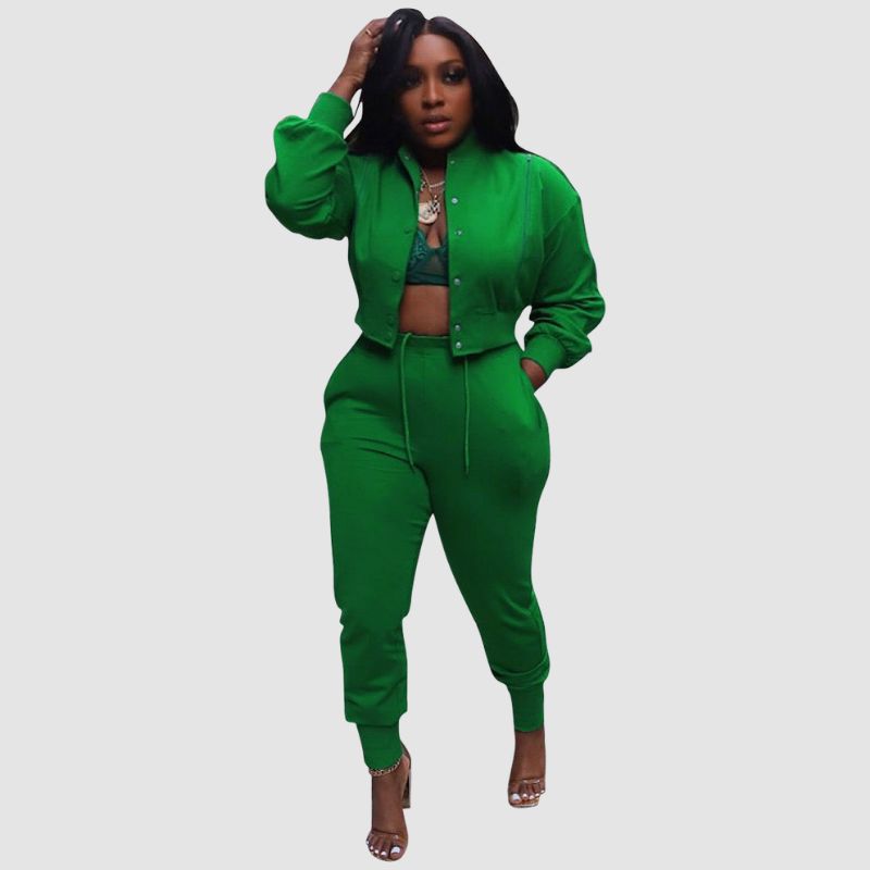 Lapel Hollow Out Top & Drawstring Pant set Green / XL