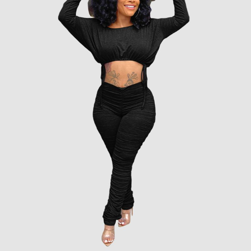 Drawstring Crop Top & Pleated Pant Set White / XL