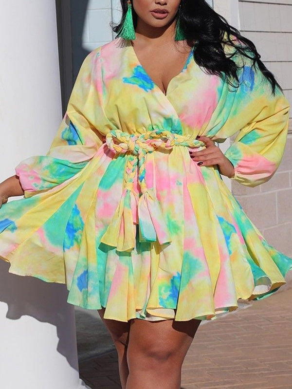 Women's Tie Dye With Belt V Neck Dress Yellow / XL