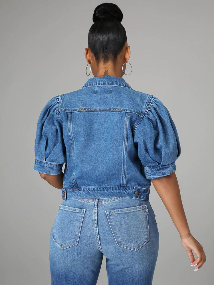 Puff Short Sleeve Denim Jacket Dark Blue / XL