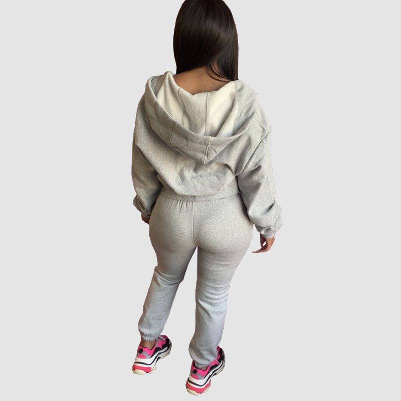 Solid Color Zip Hoodies Pant Set Pink / XL