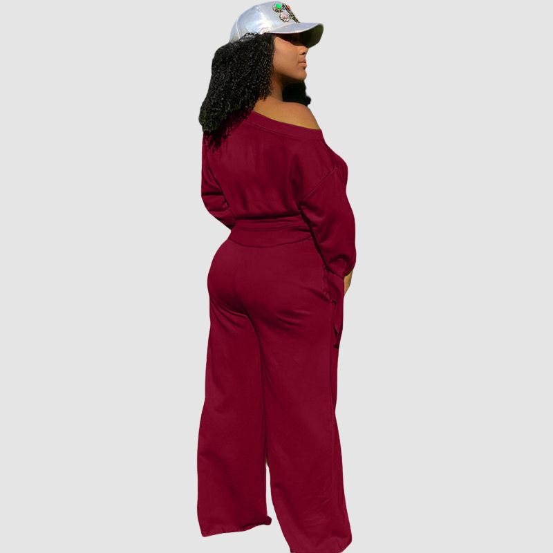 Off-shoulder Wide Leg Pant Set Wine / M