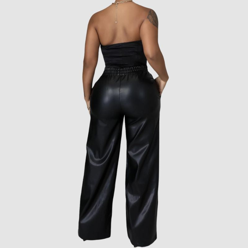 Solid Color Wide Leg PU Leather Pants Wine / S