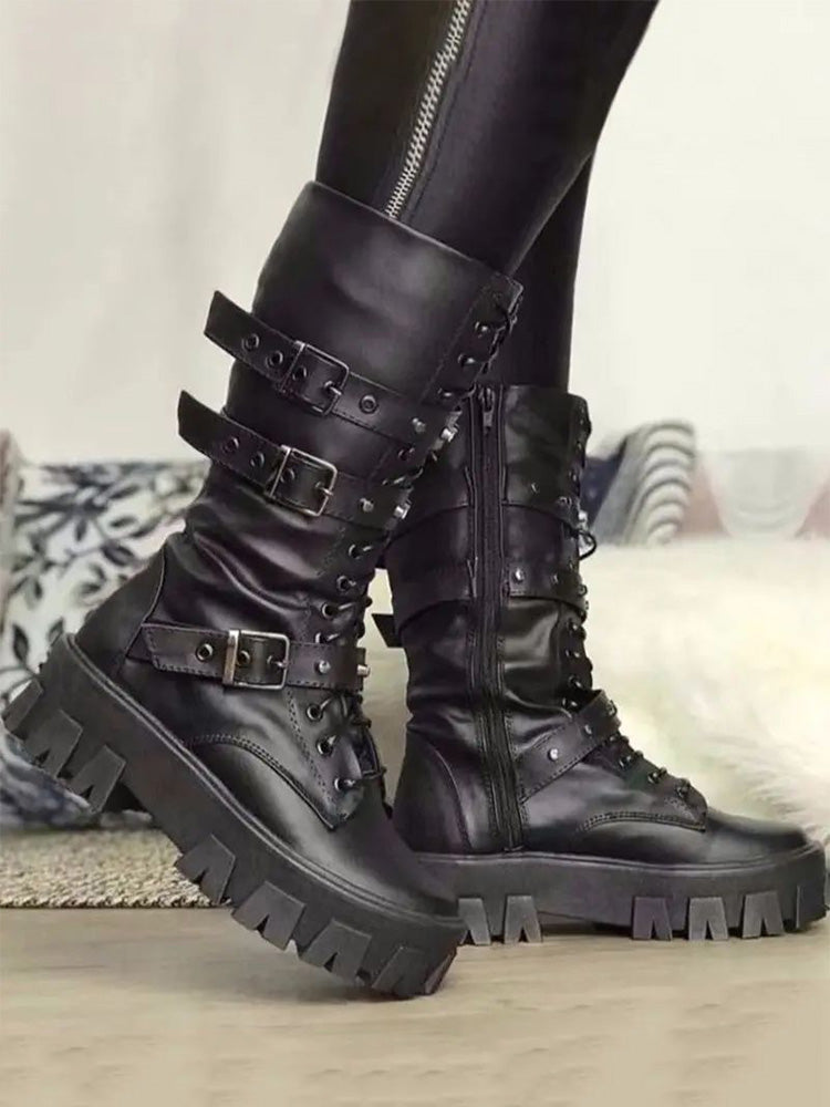 Eyelet Buckled Zipper Platform Boots White / 10.5/11