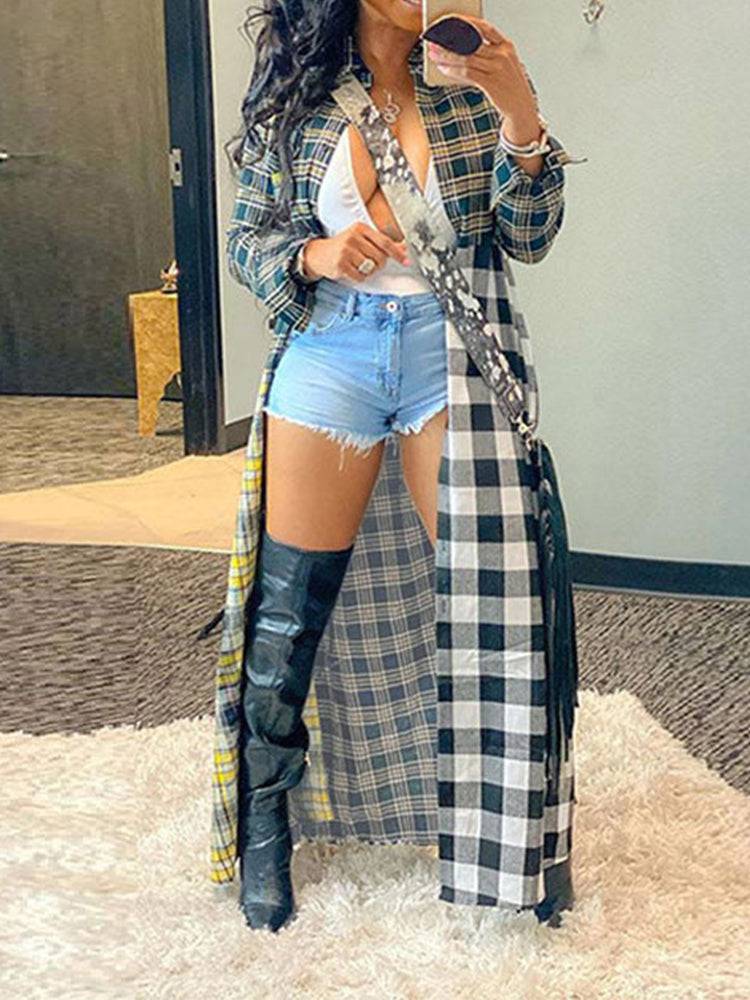 Plaid Turndown Collar Dresses Coat Blue / 2XL