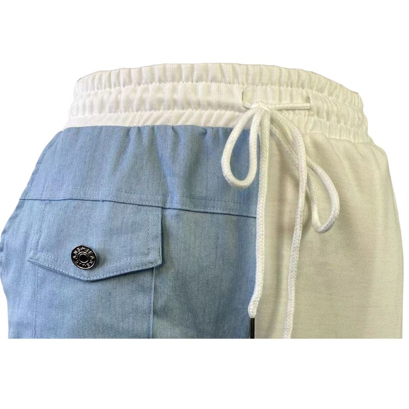 Denim Patchwork Design Pant Set White / XL