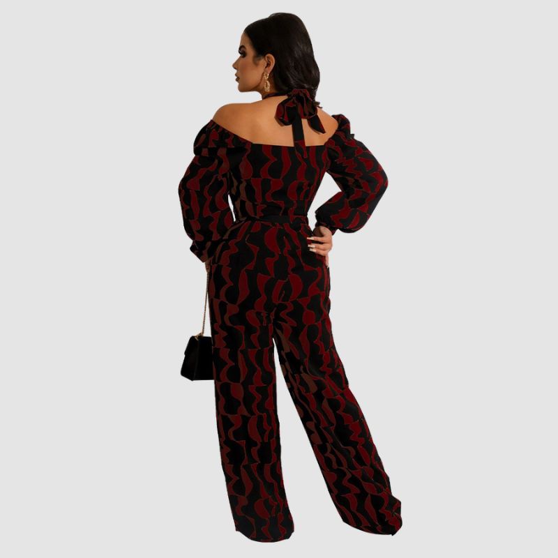 Irregular Printed Halter Jumpsuits Coffee / XL