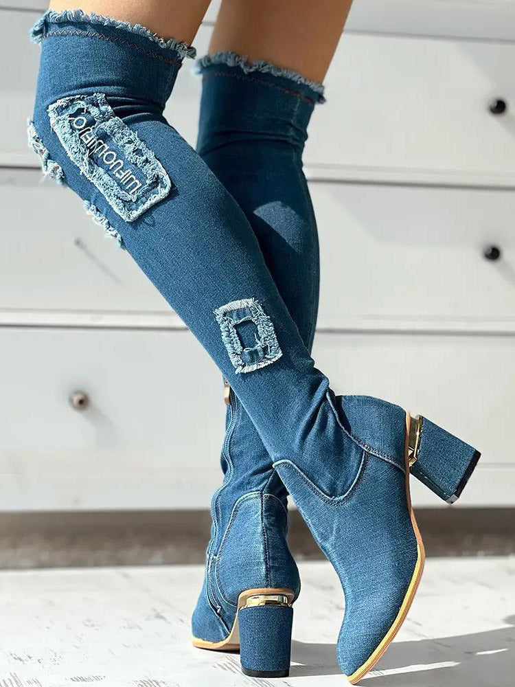 Ripped Over The Knee Denim Boots Blue / 7.5/8