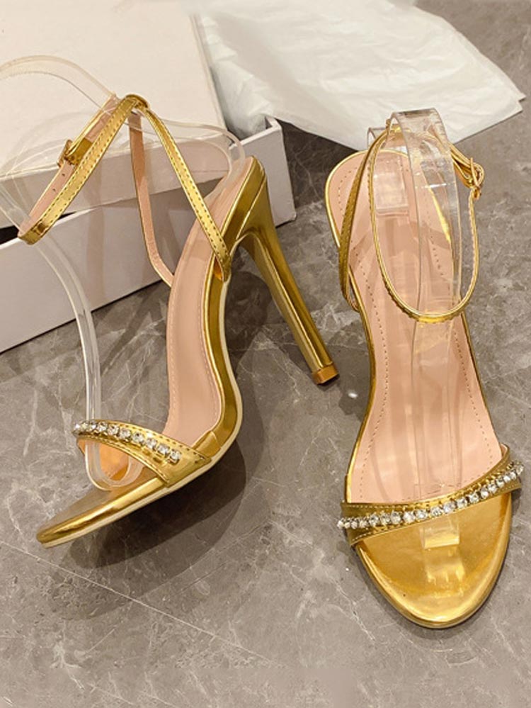 Rhinestone Ankle Strap Heels Gold / 7.5/8