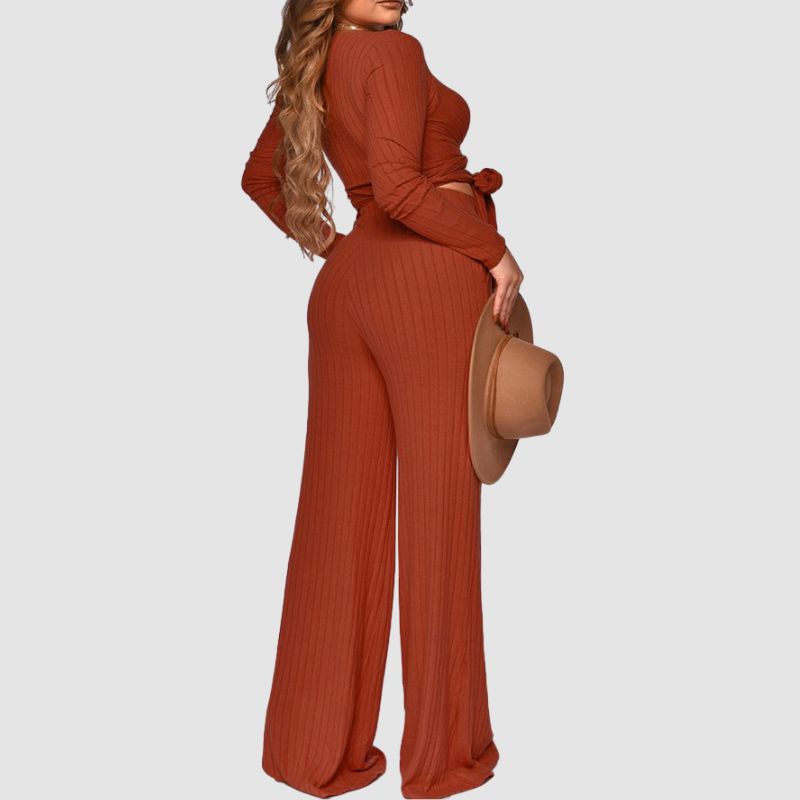 Ribbed Knit Tie-up Top & Wide Leg Pant Set Black / XL