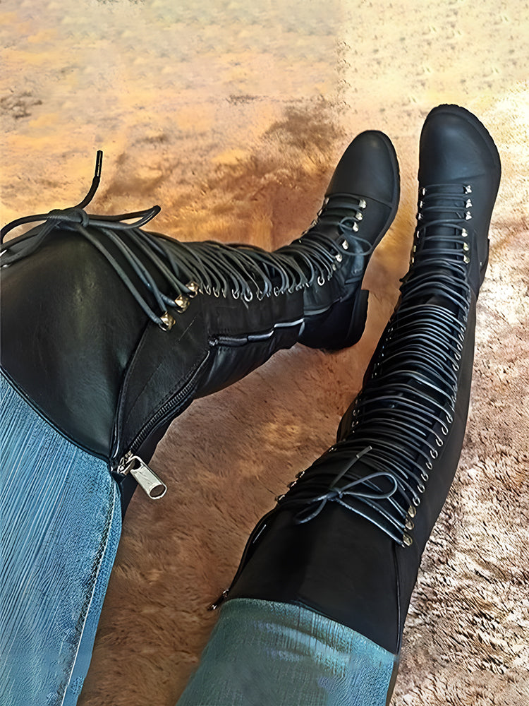 Lace Up Leather Over The Knee Boots Brown / 10