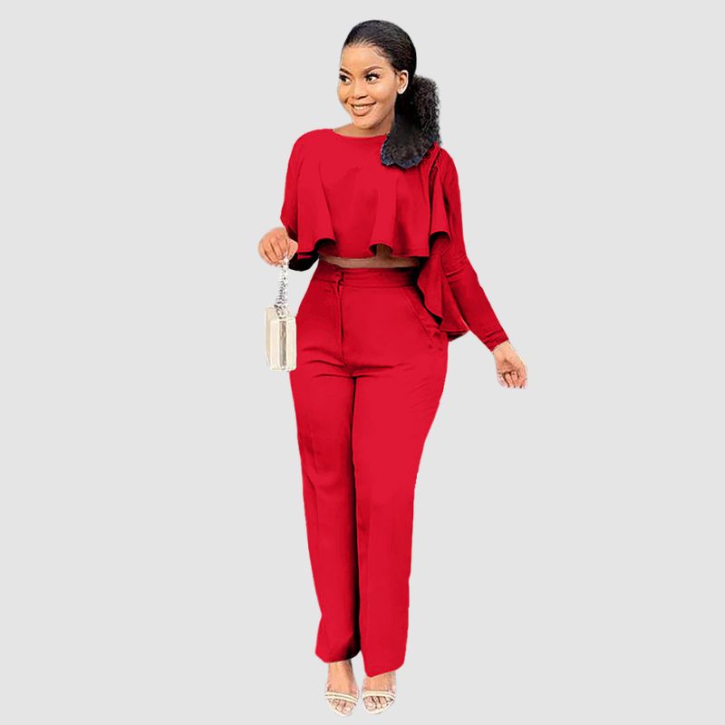 Ruffle Top & Straight Leg Pants set Blue / XL