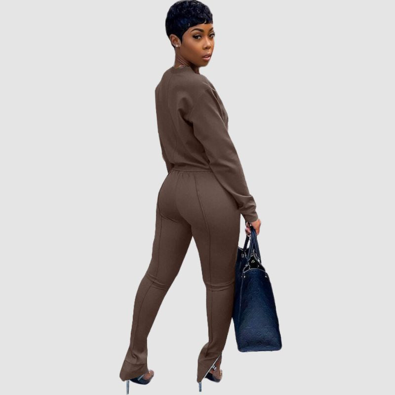 Crew Neck Top & Slit Pant Set Pink / XL