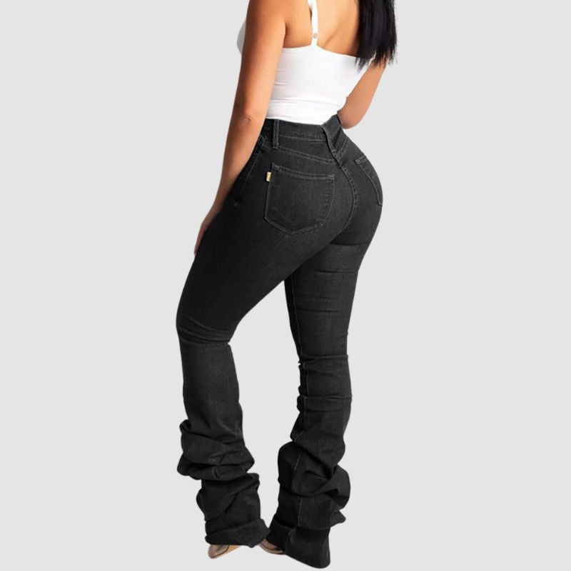 Solid Color Stretch Pleated Jeans Blue / XL