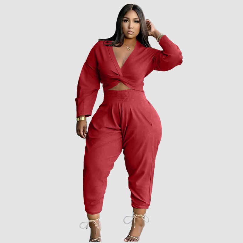 Twisted V-neck Crop Top & High Waist Pant Set Grey / XL