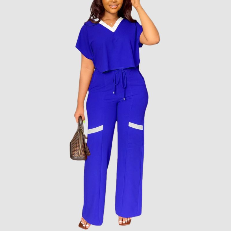V-neck Color Contrast Tee & Wide Leg Pants Set Black / XL