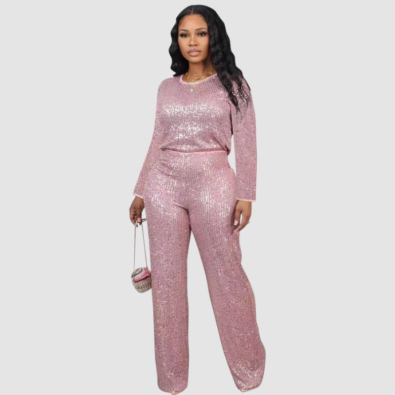 Solid Color Sequin Long Sleeve Set Black / XL