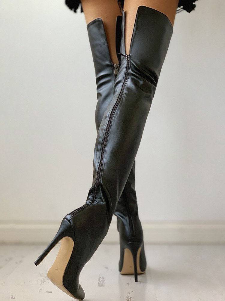 PU Zipper Stiletto Heeled Over Knee Boots Black / 4/4.5