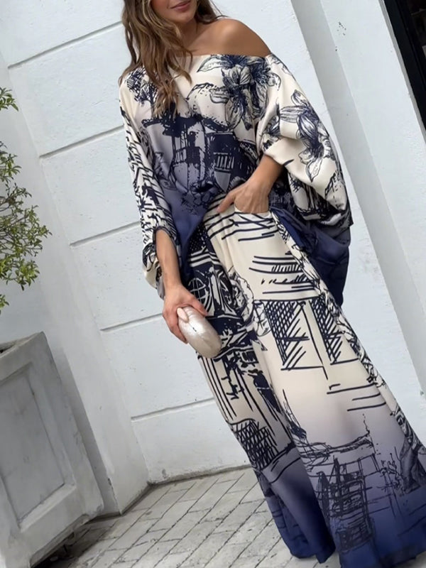 Printed Loose Puff Sleeves Off-the-shoulder Two-Piece Sets Pants Blouses BLUE / M