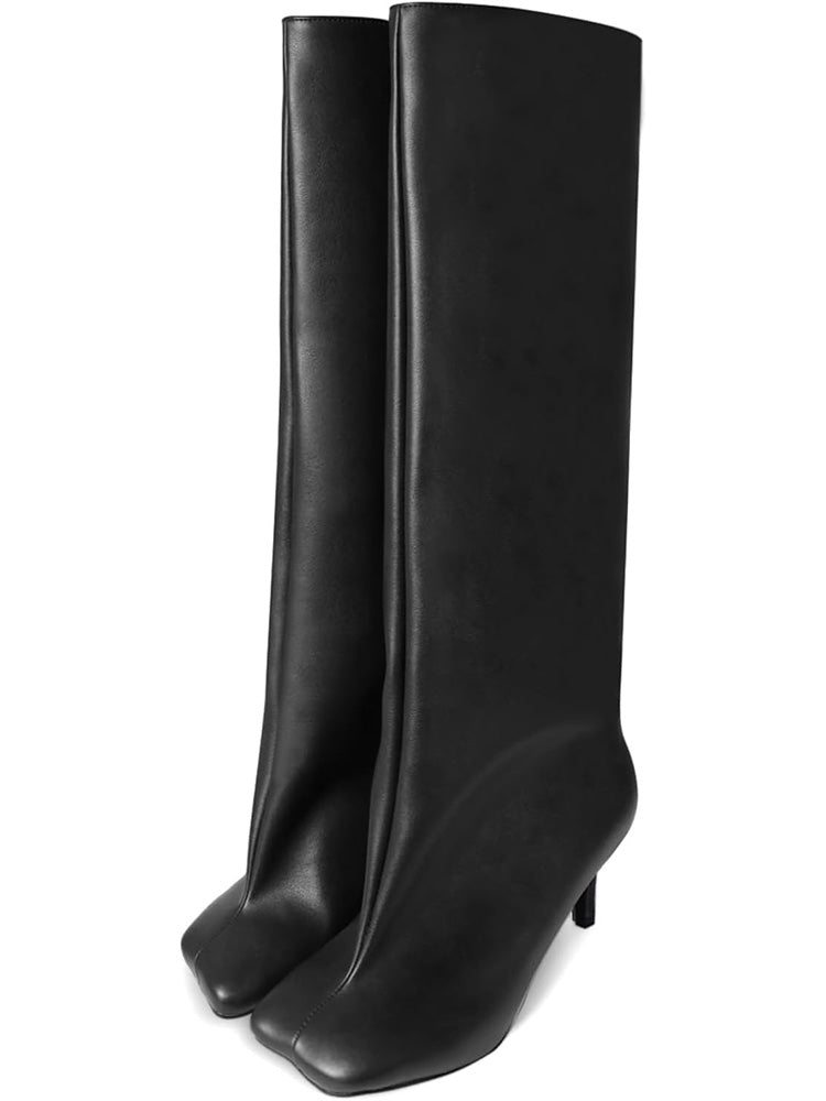 Suede Wide Calf Square Toe Boots Black / 10