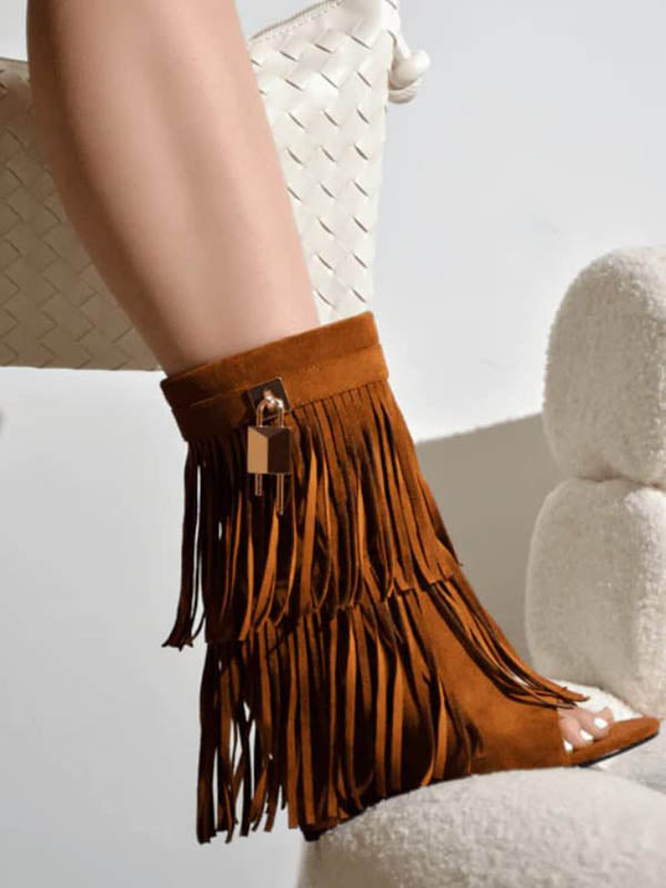 Fringe Open Toe Suede Boots Black / 6
