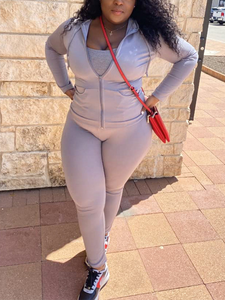 Hooded Zipper Solid Set Pink / 2XL