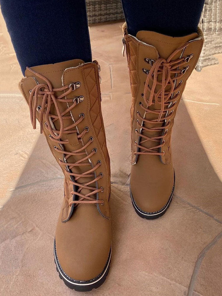 Zipper Design Lace Up Boots Khaki / 6