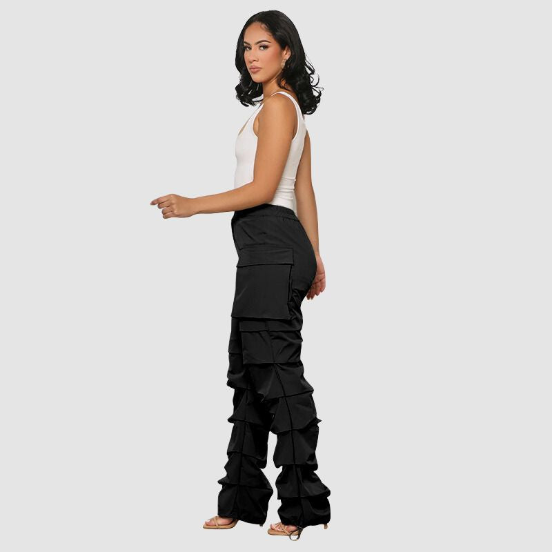 Pleated Drawstring Cargo Pants Black / 2XL