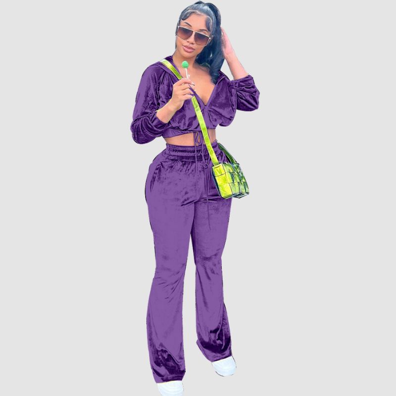 V-Neck Crop Top & Drawstring Flare Pant set Pink / L