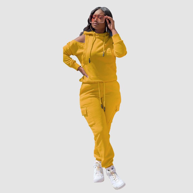 Off Shoulder Hoodies & Pocket Patchwork Pant Set Yellow / 2XL