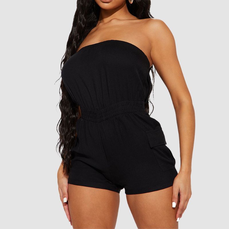 Off Shoulder Tube Top Cargo Romper Red / S