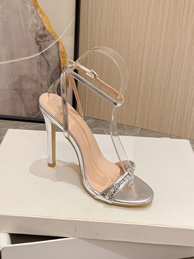 Rhinestone Ankle Strap Heels Silver / 7.5/8