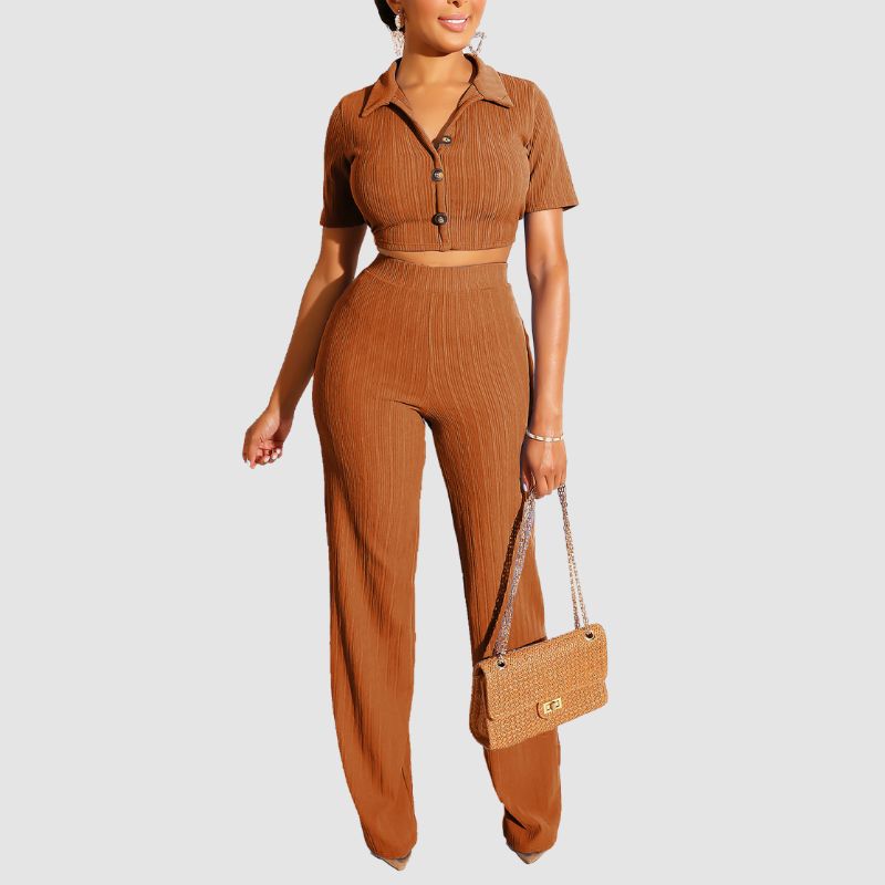 Lapel Crop Top & Long Pant Set Grey / L