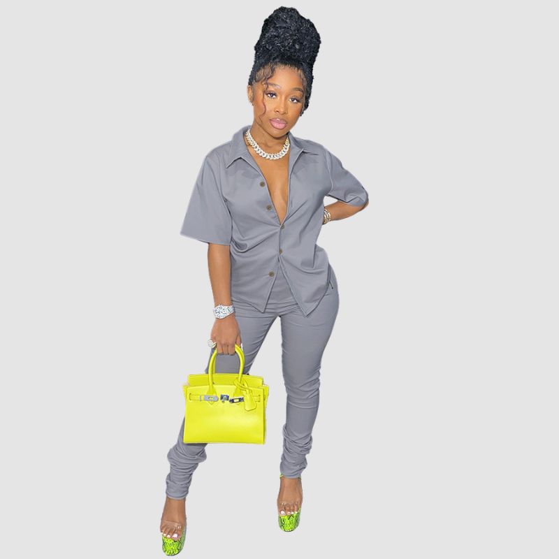 Casual Solid Color Shirt Set Red / 2XL