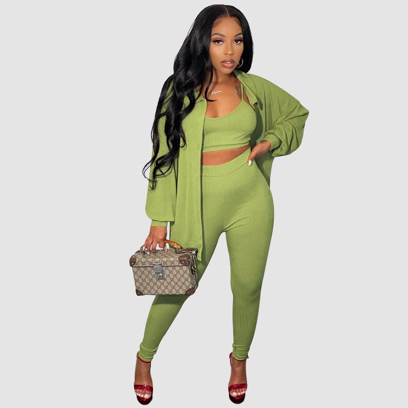 Solid Color Casual Pants Three Piece Set Yellow / 2XL