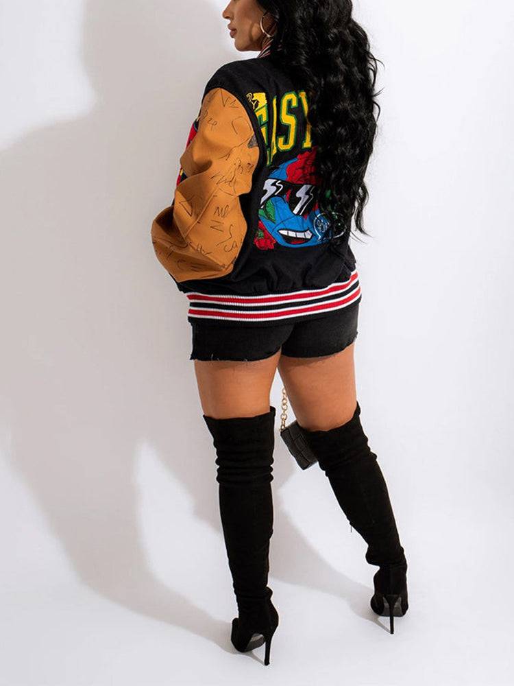 Printed Color Block Baseball Jacket Yellow / L