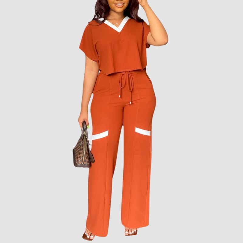 V-neck Color Contrast Tee & Wide Leg Pants Set Black / 2XL