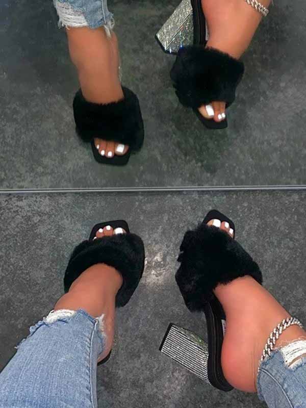 Rhinestone Chunky Heel Furry Sandal Yellow / 6
