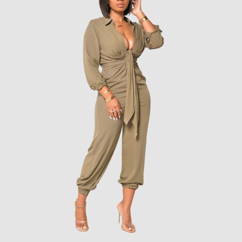 V Neck Tie UP Jumpsuits Black / 2XL