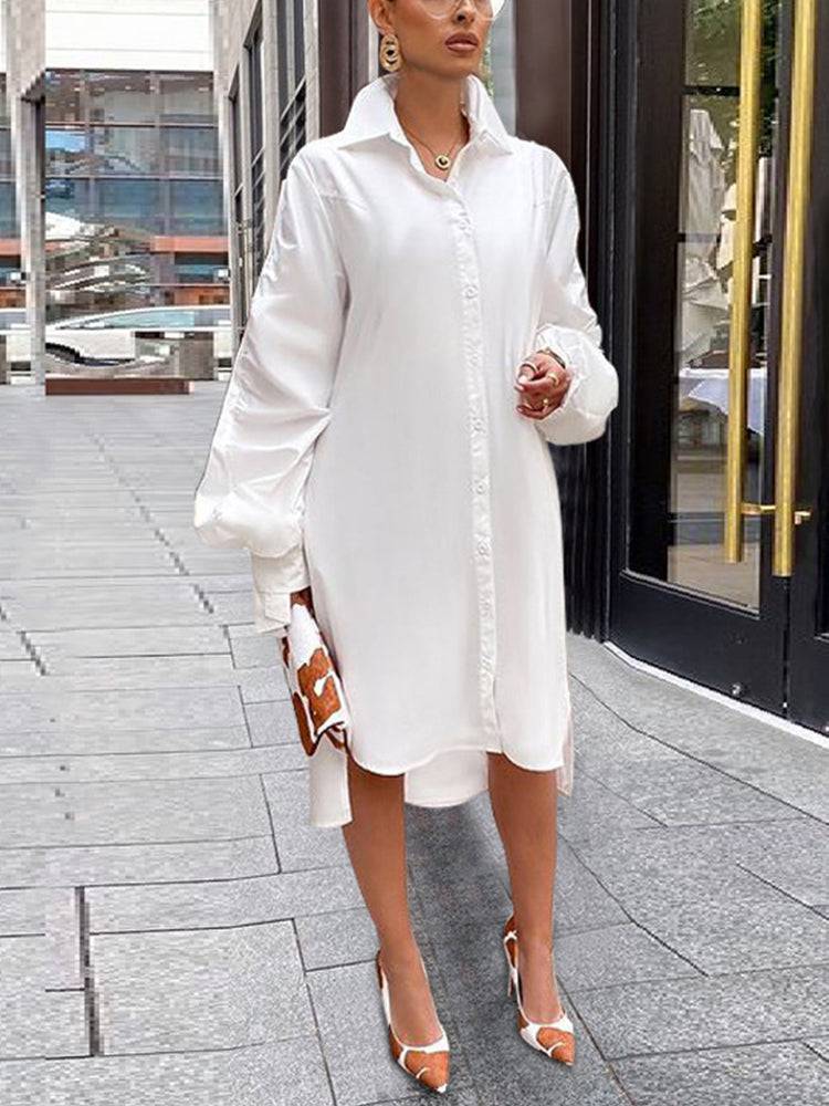 Turndown Collar Long Sleeve Shirt Dress White / L