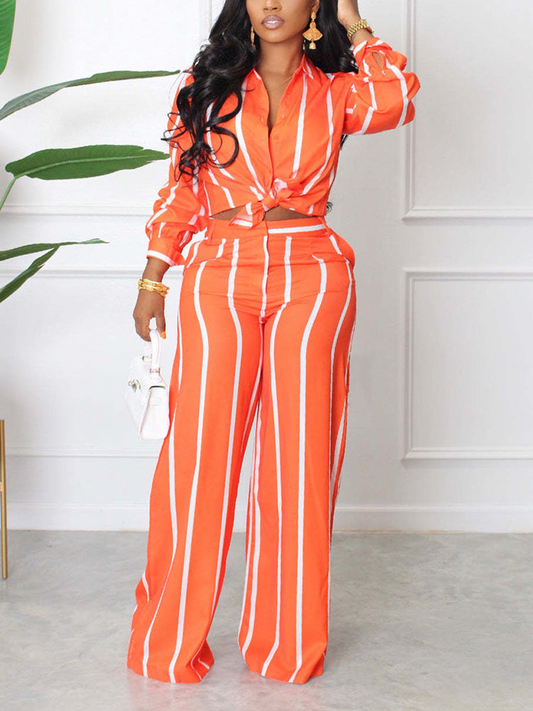 Striped Shirt Wide Pants Set Orange / S