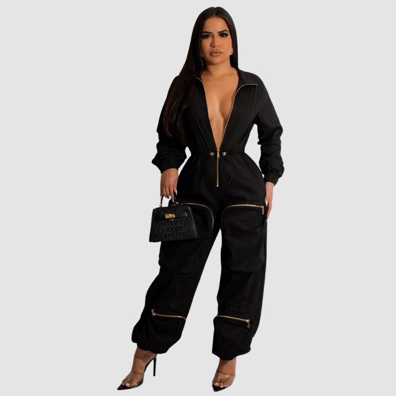 Lapel Patch Pocket Cargo Jumpsuits Black / 2XL