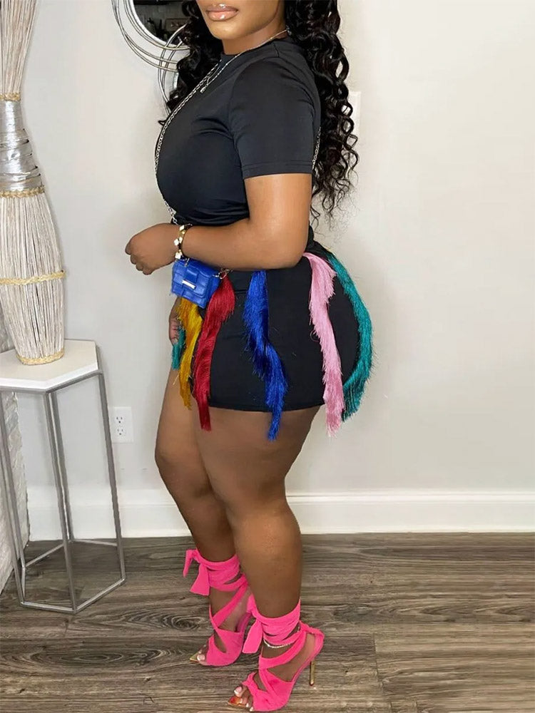 Colorful Fringe Shorts Set Black / M
