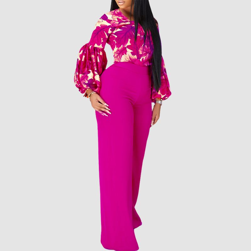 Flower Printed Wide Leg Pant Set Orange / XL