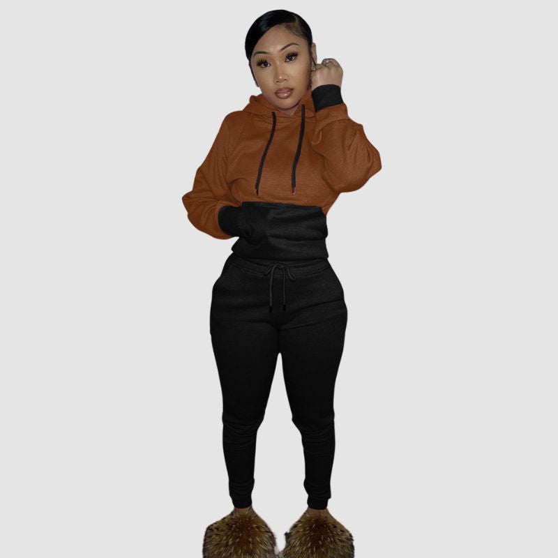 Patchwork Hoodies & Solid Color Pant Set Wine / 2XL