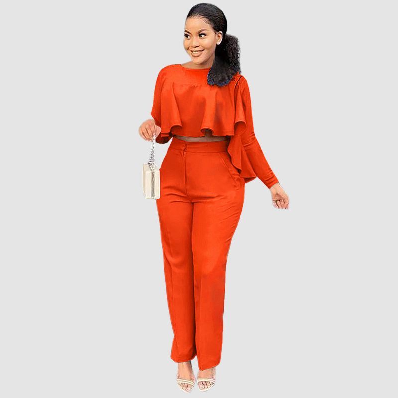 Ruffle Top & Straight Leg Pants set Blue / 2XL