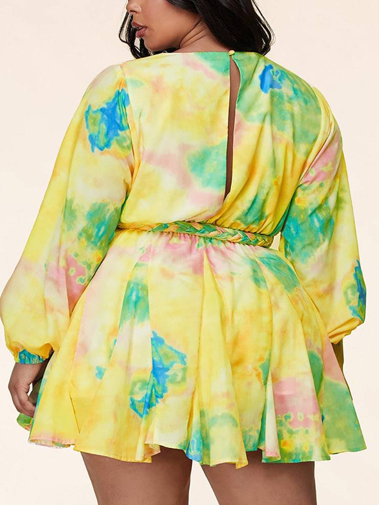 Women's Tie Dye With Belt V Neck Dress Yellow / 3XL